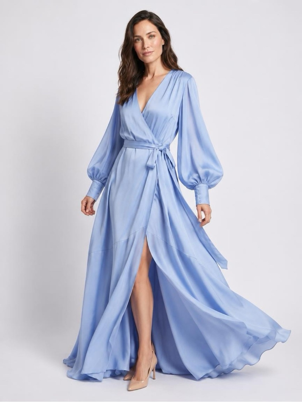 Light Blue Satin Wrap Maxi Dress with Bishop Sleeves